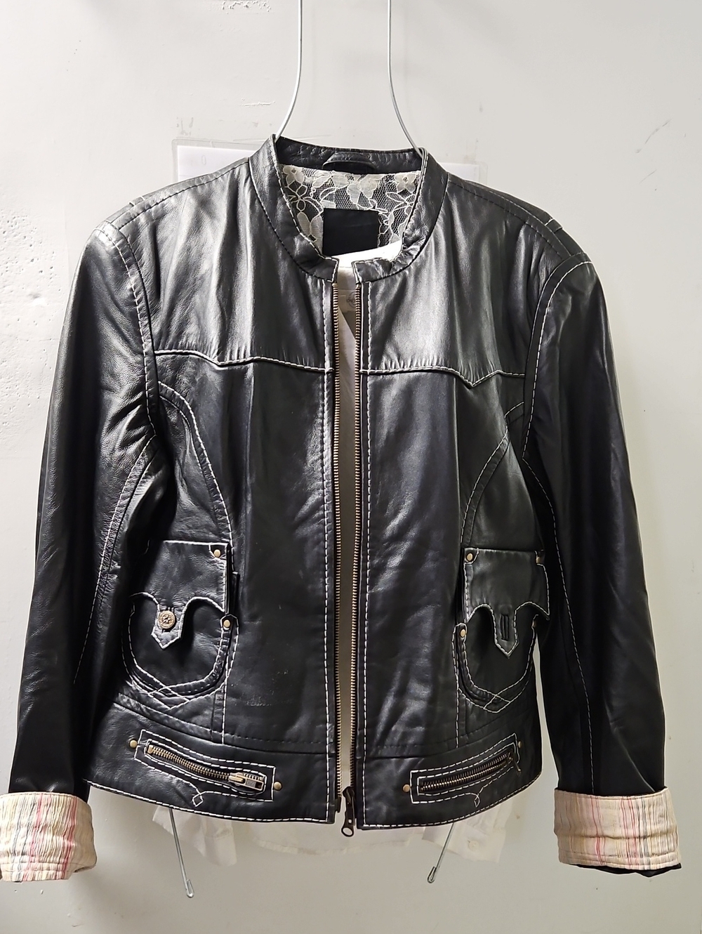 Women's Black Leather Zip Jacket with Contrast Stitching
